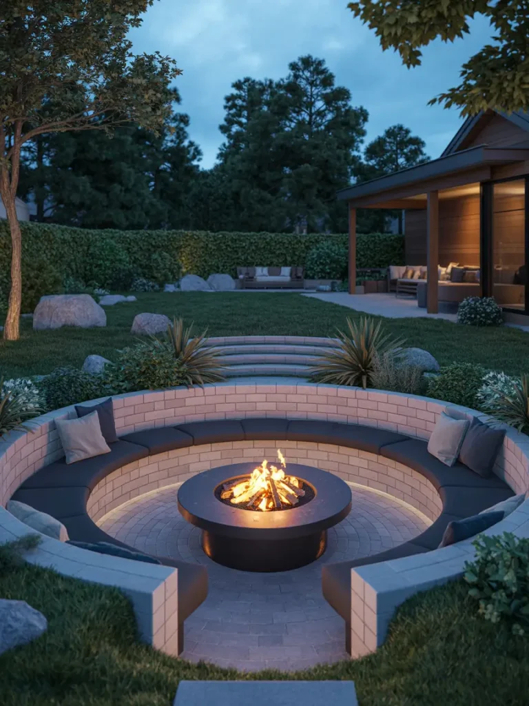 Sunken fire pit with circular stone seating and a modern black fire pit in the center, surrounded by landscaped backyard greenery.