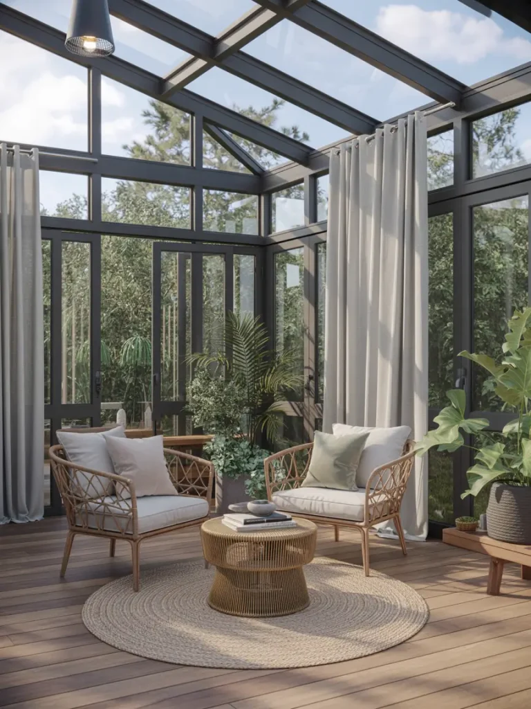 Modern sunroom with glass walls and ceiling, rattan armchairs, round woven rug, and indoor plants creating a bright and cozy sitting area.