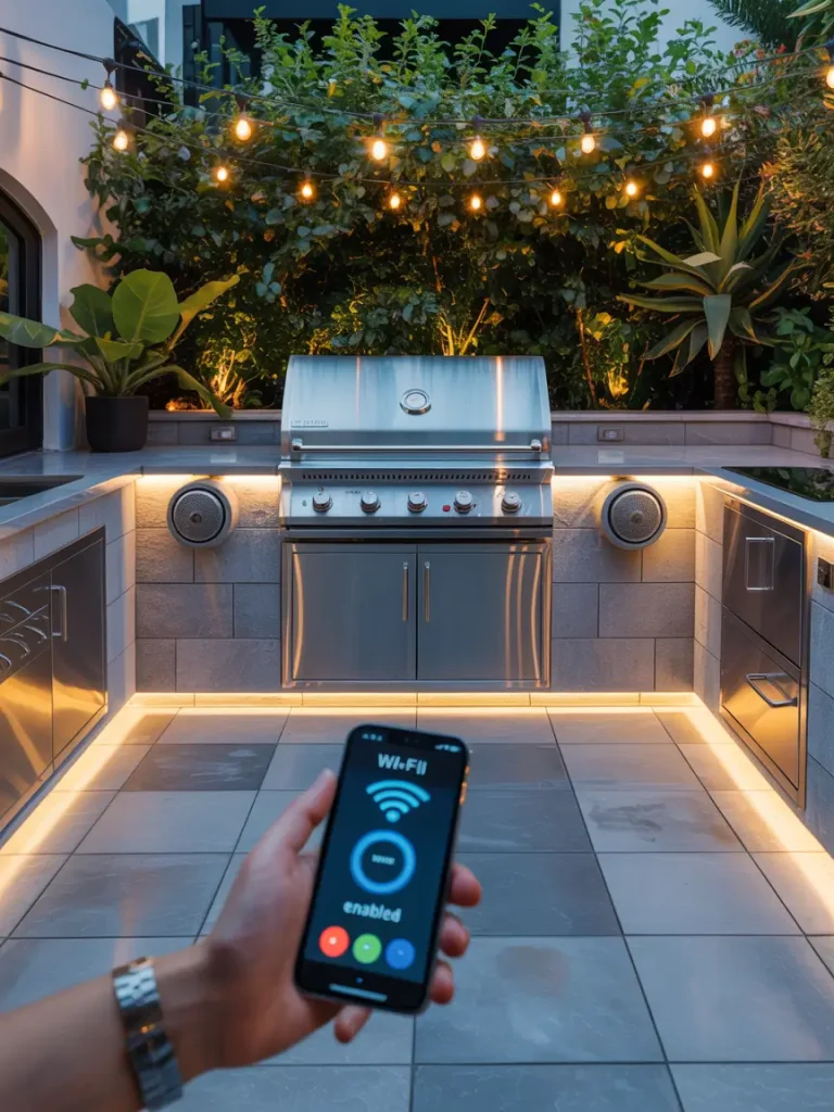 Modern outdoor kitchen with stainless steel grill, smart lighting, and a person using a smartphone to control Wi-Fi-enabled features.
