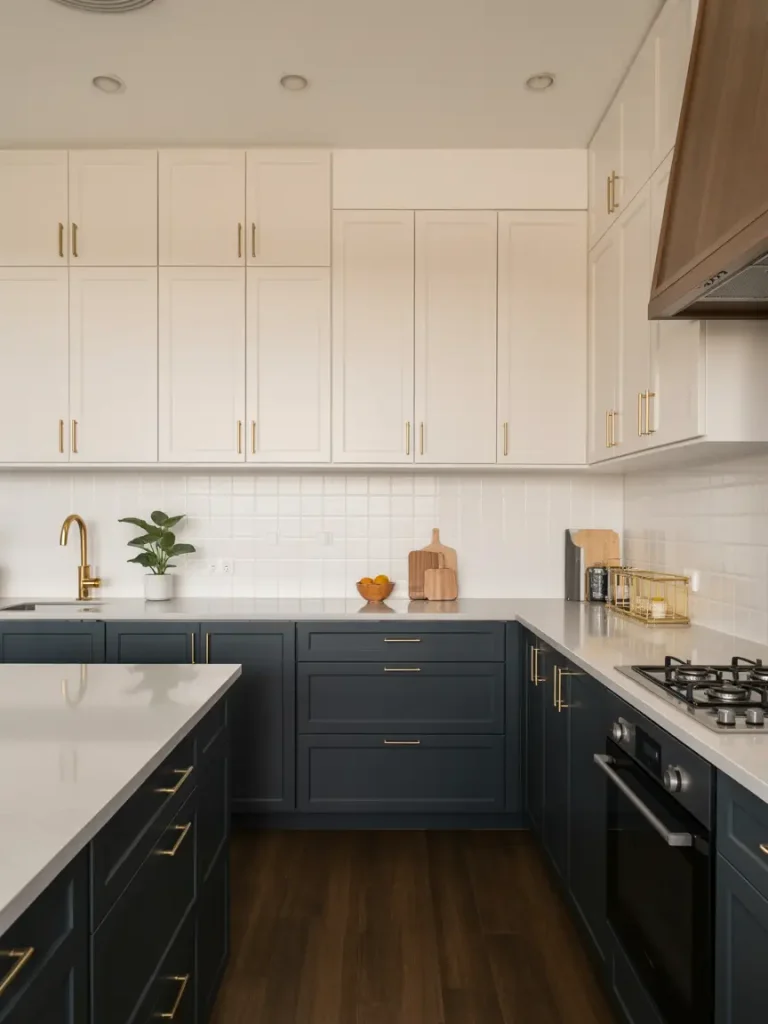 Modern two-tone white kitchen with navy lower cabinets, white upper cabinets, brass hardware, and quartz countertops.