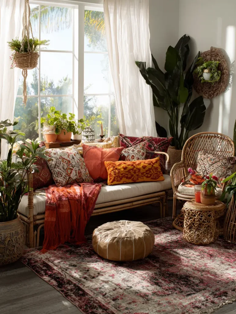 Bright boho living room with rattan furniture, colorful patterned pillows, lush indoor plants, and a sunlit window with flowing white curtains.