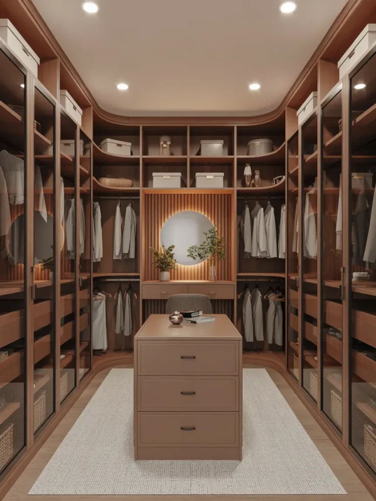 Luxury walk-in closet with glass wardrobe doors, built-in shelves, and a central island dresser with drawers, styled with warm wood tones and soft lighting.