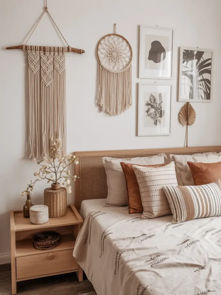 Boho bedroom with rattan headboard, neutral bedding, decorative pillows, and macramé and dreamcatcher wall decor.