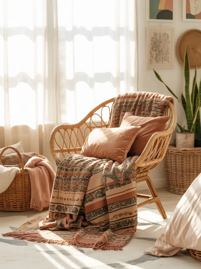 Boho bedroom corner with a rattan chair draped in patterned throws, accent pillow, and natural woven baskets.
