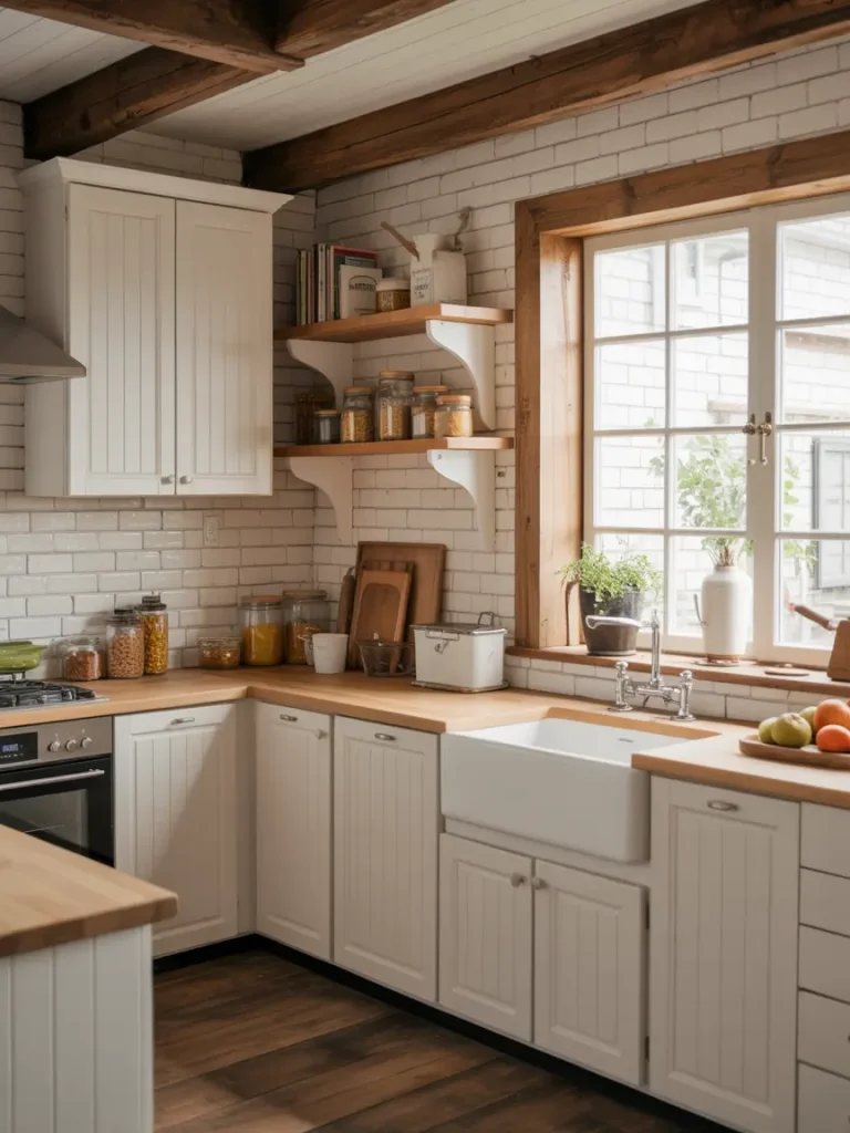 Cozy white farmhouse kitchen with white shaker-style cabinets, wooden countertops, subway tile backsplash, farmhouse sink, and open wooden shelves decorated with jars and plants.