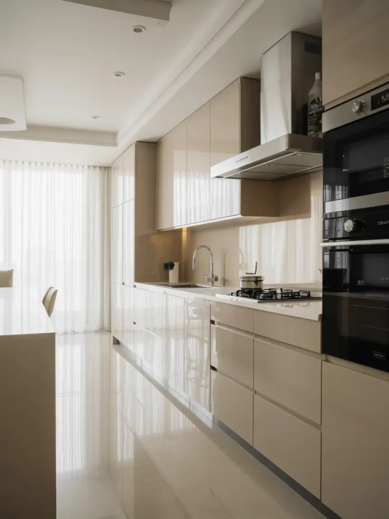 Modern kitchen with sleek white gloss cabinets, built-in appliances, and a glossy floor reflecting natural light.