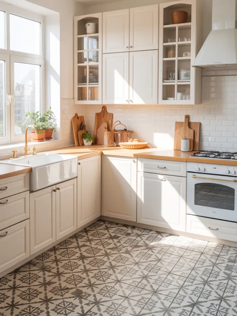 White kitchen with patterned tile flooring, farmhouse sink, wooden countertops, and glass-front cabinets.