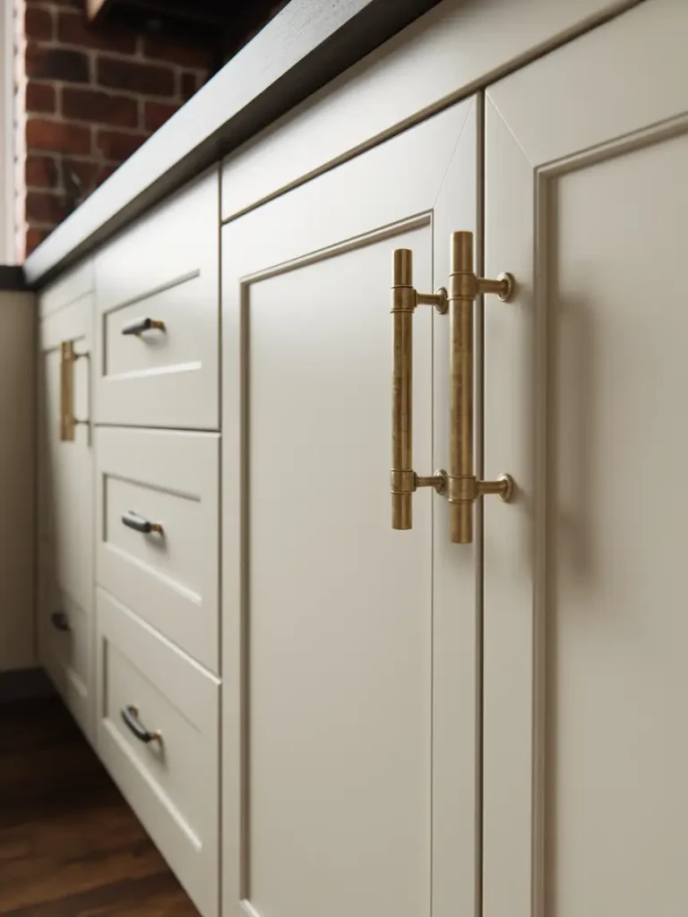 Close-up of white kitchen cabinets with modern brass and black hardware handles.
