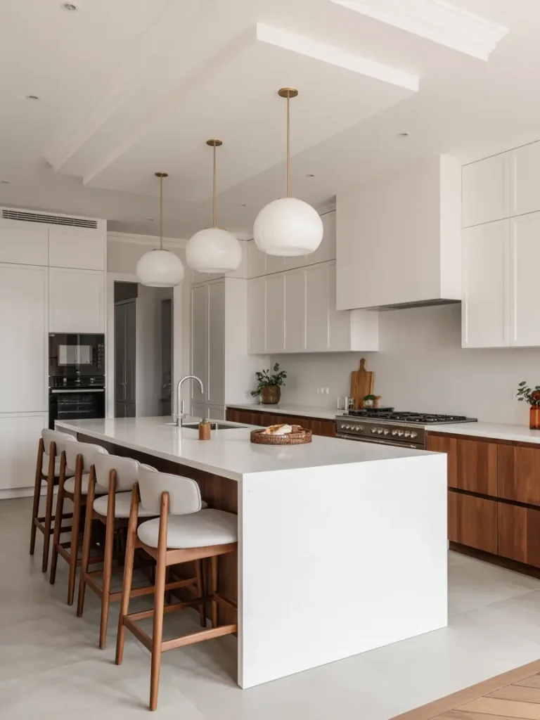 Modern white kitchen with a large white island, wooden lower cabinets, pendant lighting, and bar stools for functional style.