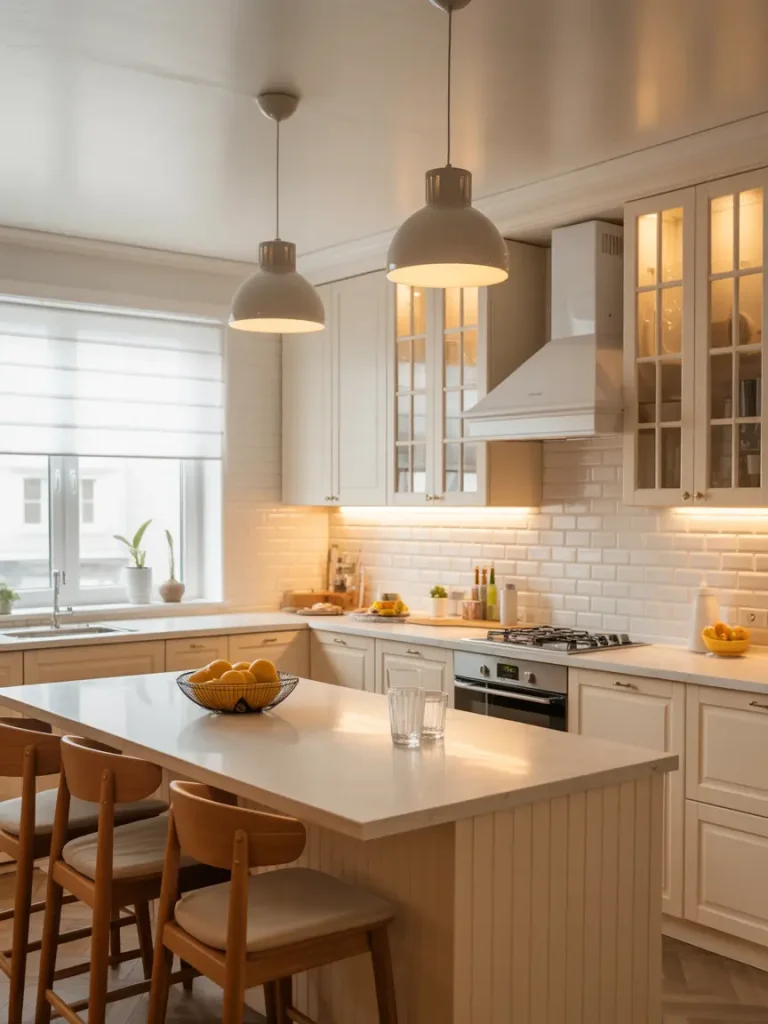 White kitchen with modern pendant lights and under-cabinet lighting illuminating a bright island space.