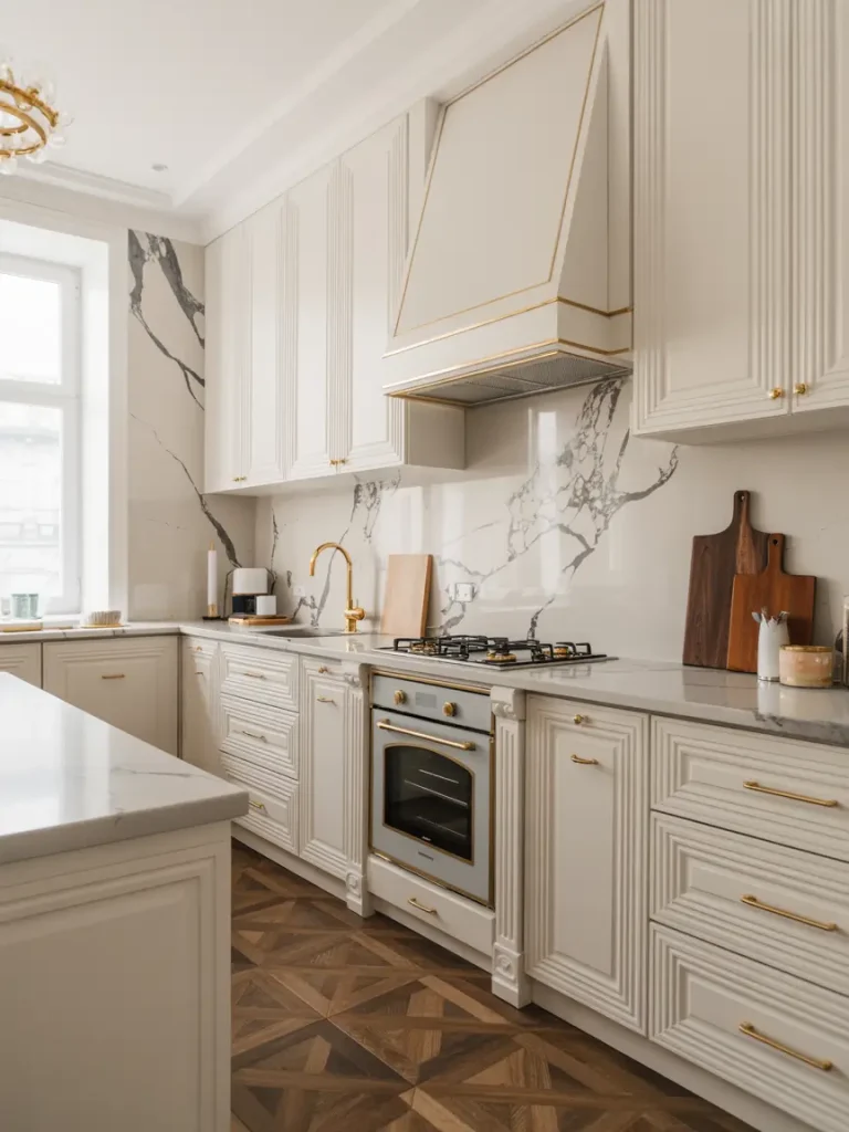 Elegant white kitchen with marble backsplash and countertops, gold-accented hardware, and detailed cabinetry.