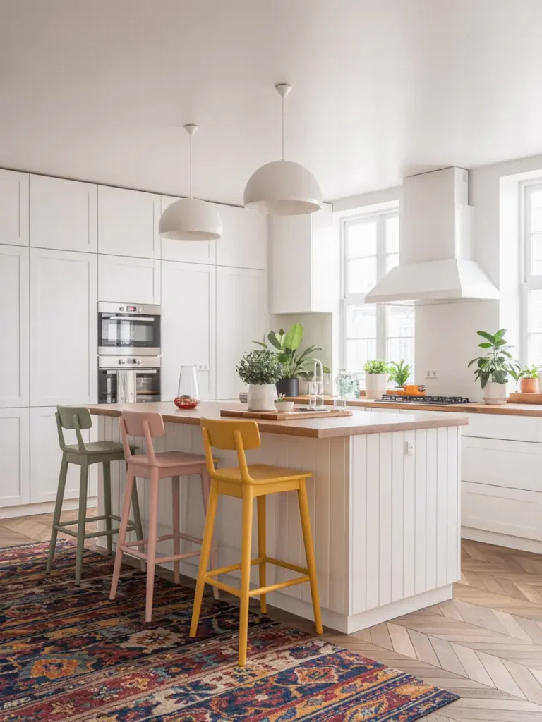 Bright white kitchen with colorful bar stools, wooden countertops, and a patterned rug adding vibrant accents.
