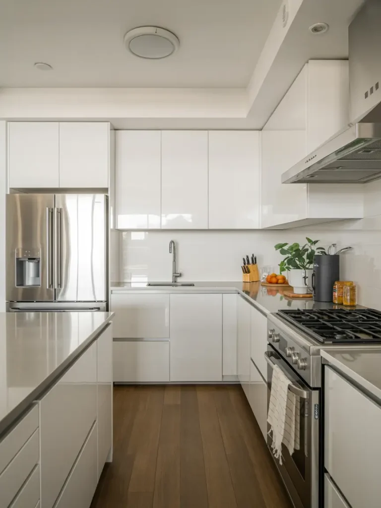 Modern white kitchen with sleek cabinets paired with stainless steel appliances and wood flooring.