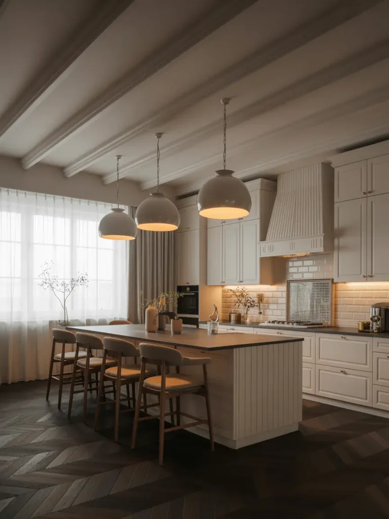 White kitchen with large island, wooden stools, and statement pendant lights over dark herringbone wood flooring.