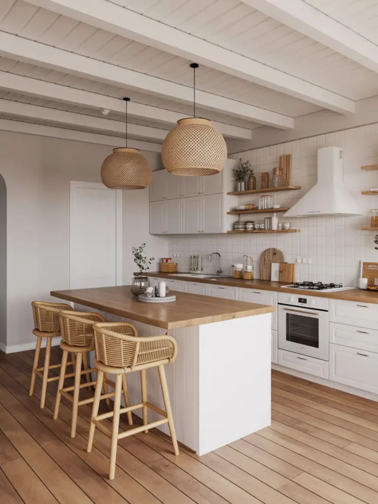 White kitchen with wood accents featuring a butcher block island, rattan bar stools, and woven pendant lighting.