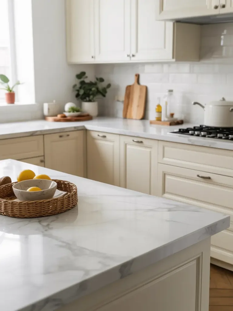White kitchen with quartz countertops and light cabinetry.