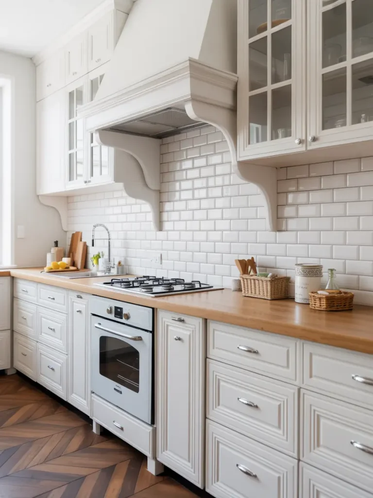 White kitchen with classic shaker cabinets, butcher block countertops, and a bold white subway tile backsplash.