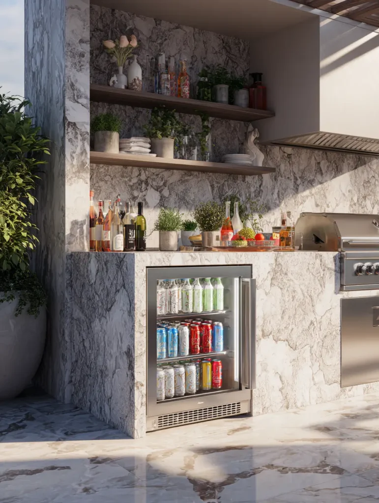 Outdoor kitchen with a sleek built-in stainless steel beverage fridge stocked with colorful drink cans, surrounded by marble countertops and backsplash, with shelves of glassware, plants, and spirits above.