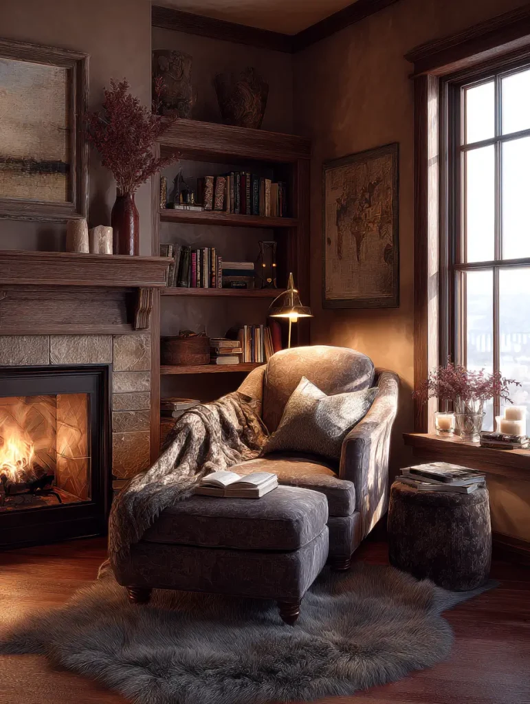 Cozy reading nook with an upholstered armchair and ottoman, draped with a soft throw, placed by a lit fireplace and wooden bookshelves, creating a warm and inviting atmosphere.