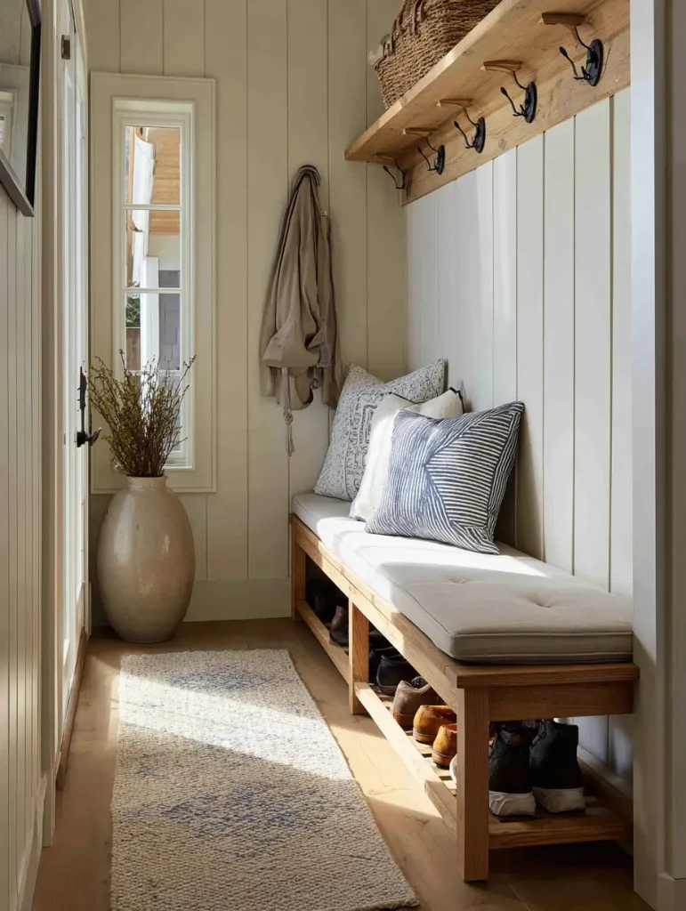 Narrow mudroom with a wooden bench featuring built-in shoe storage, topped with white cushions and decorative throw pillows, coat hooks above, and a woven basket on the shelf.
