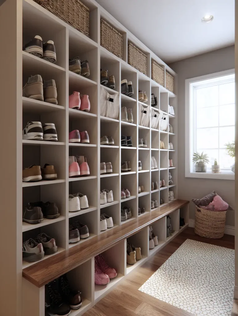 Built-in shoe storage wall in a small mudroom with cubbies, wooden bench, woven baskets, and natural light from a nearby window.