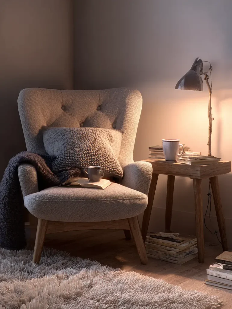 A cozy reading nook with a soft armchair, knitted pillow, throw blanket, wooden side table with stacked books, warm table lamp, and a fluffy rug for comfort.