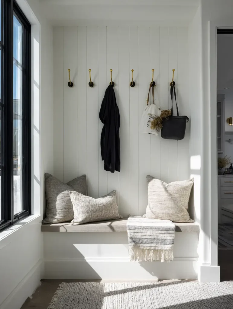 White shiplap mudroom nook with a wooden bench, neutral throw pillows, and black-and-gold wall hooks holding coats and bags.