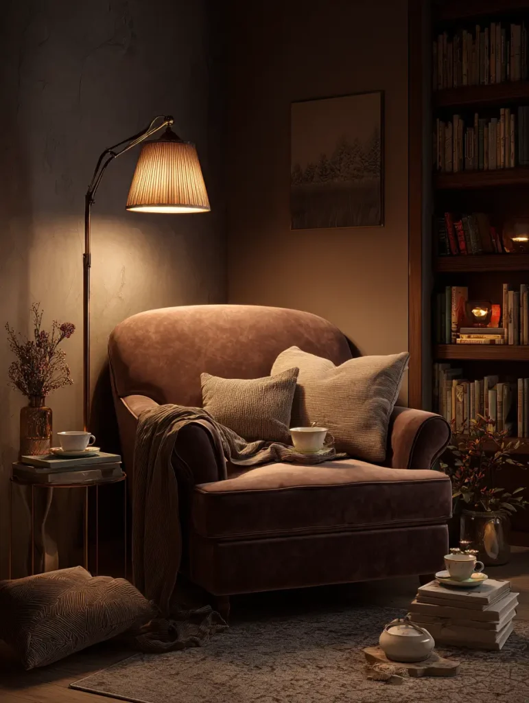 Cozy reading nook with a plush armchair, soft cushions, warm lamp lighting, and stacked books.