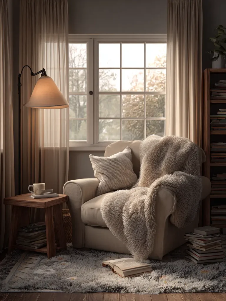 Cozy bedroom reading corner with a beige armchair draped in a soft faux fur blanket, a wooden side table with a cup of coffee, and stacks of books beside a window.