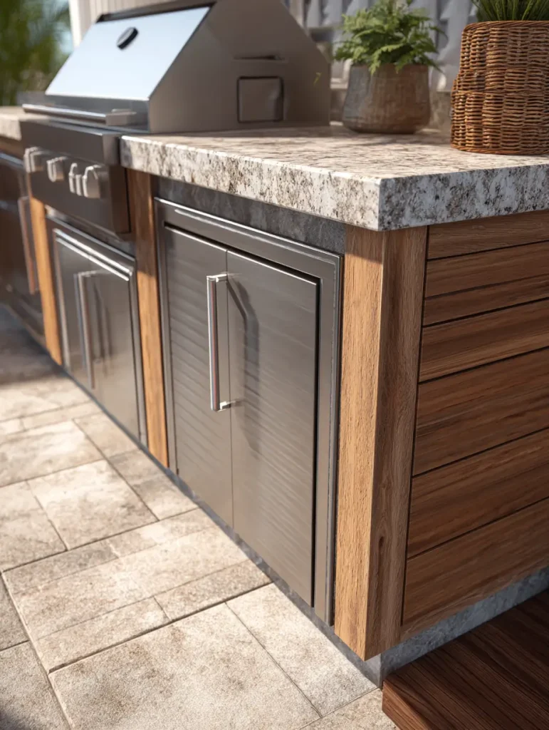 Close-up of outdoor kitchen cabinets with stainless steel doors, wood paneling, and a stone countertop.