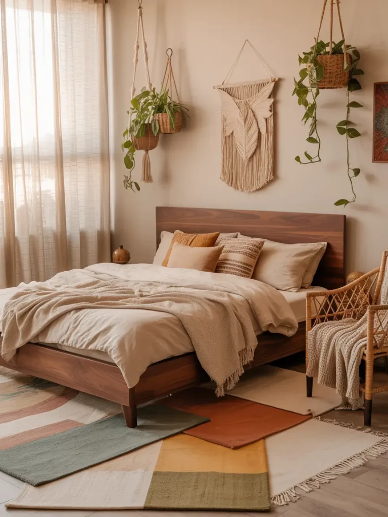 Cozy boho bedroom with hanging plants, woven wall art, and colorful layered rugs.