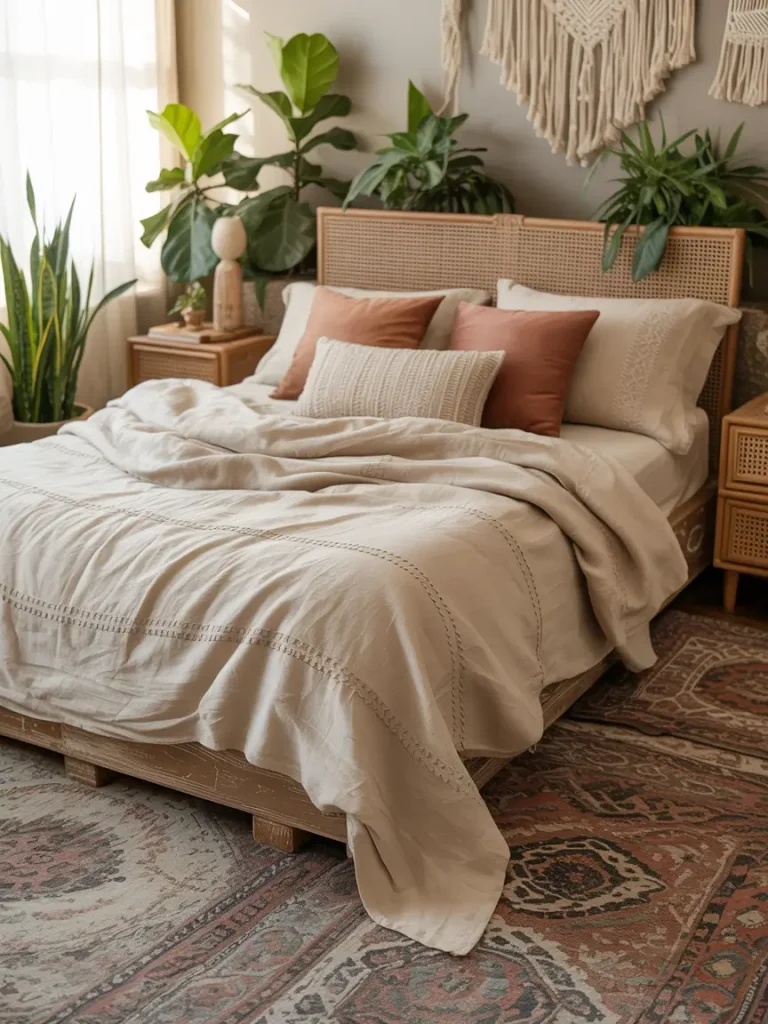 Minimalist boho bedroom with rattan headboard, wooden furniture, and neutral-toned bedding.
