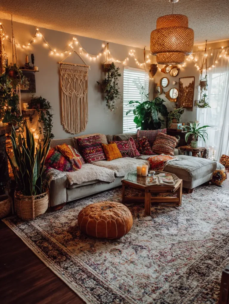 Cozy boho living room with string lights, macrame wall hanging, indoor plants, colorful patterned pillows, and a Moroccan pouf on a vintage rug.