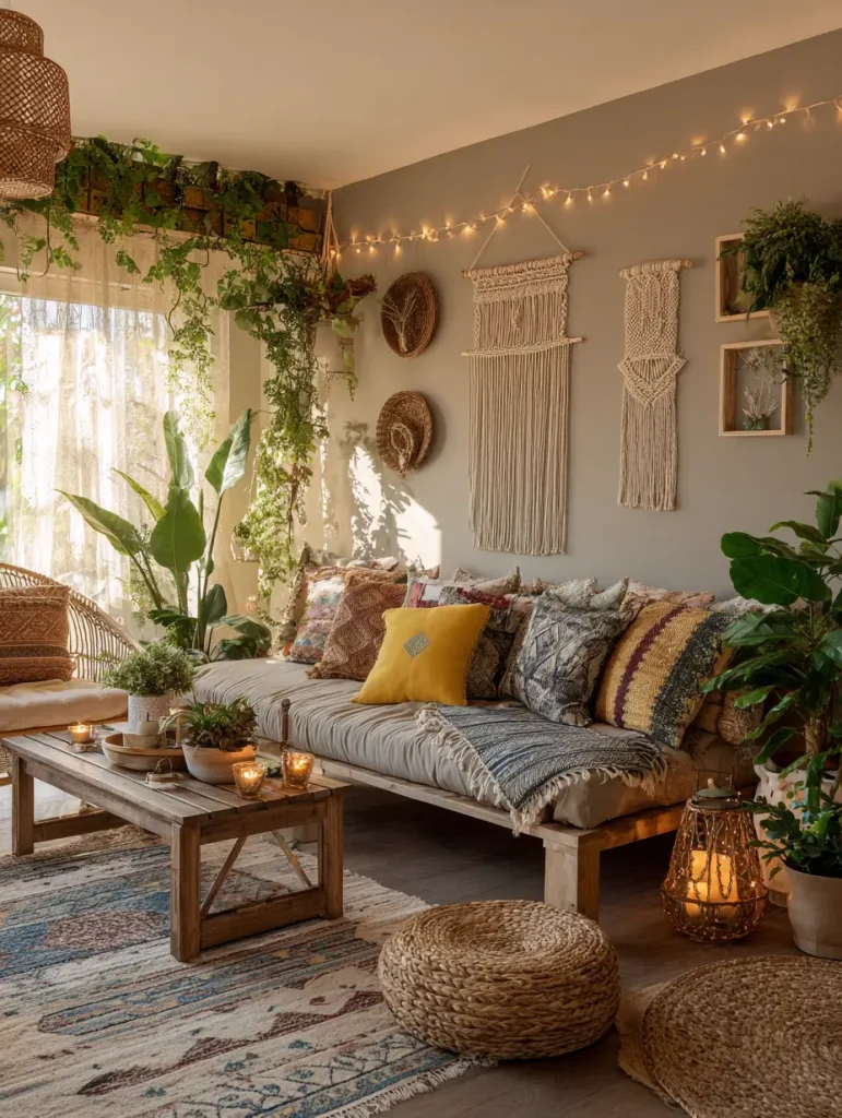 Warm boho living room with string lights, macrame wall hangings, layered throw pillows, indoor plants, and a rustic wooden coffee table with candles.