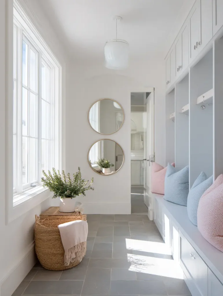 Bright white mudroom with built-in storage lockers, pastel pillows on a bench, round wall mirrors, and a woven basket with a throw blanket.