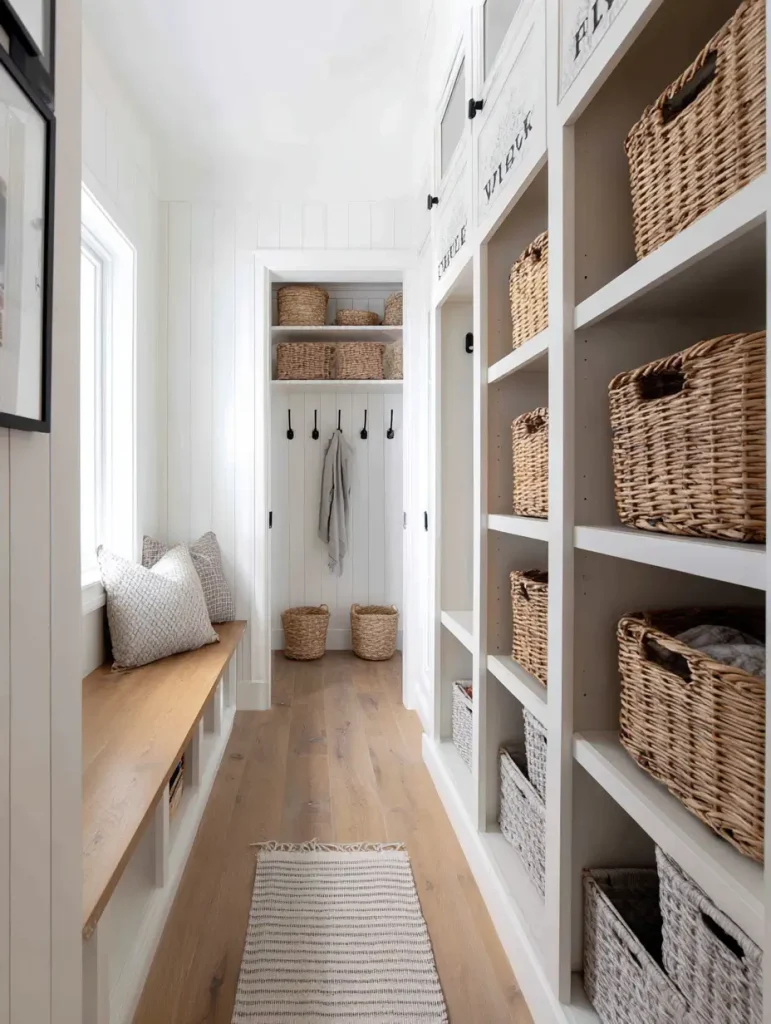 Slim white built-in mudroom lockers with wicker baskets, wall hooks, and a wooden bench in a bright hallway.