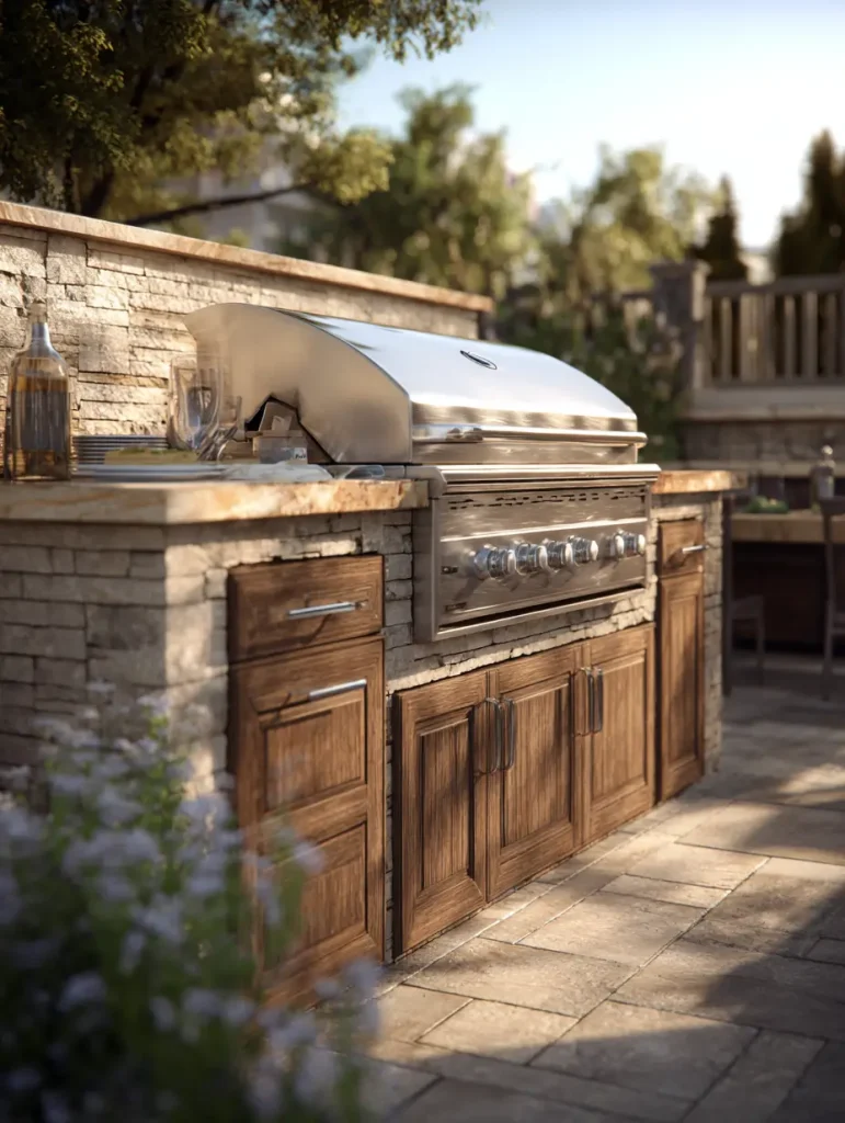 Built-in stainless steel gas grill with wooden cabinetry in an outdoor kitchen, featuring stone accents and set on a paved patio with soft natural lighting.