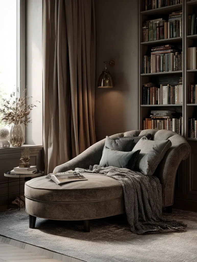 Cozy reading nook with a chaise lounge, soft pillows, and a blanket beside a window and bookshelf.