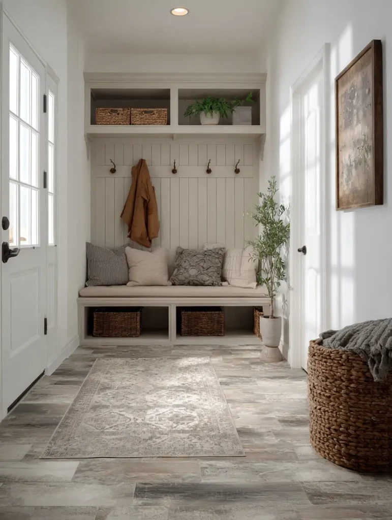 Small mudroom with built-in bench seating, wicker storage baskets, and durable tile flooring.