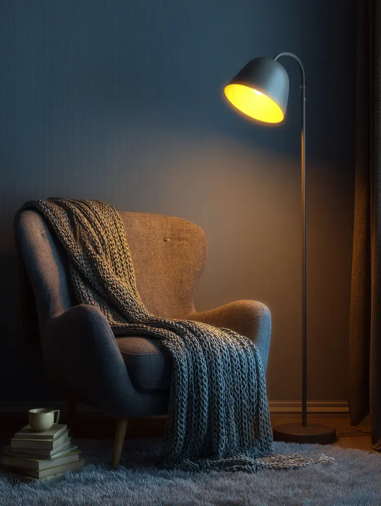 Cozy reading nook with a gray armchair, warm floor lamp, knit throw blanket, and stacked books on a soft rug.