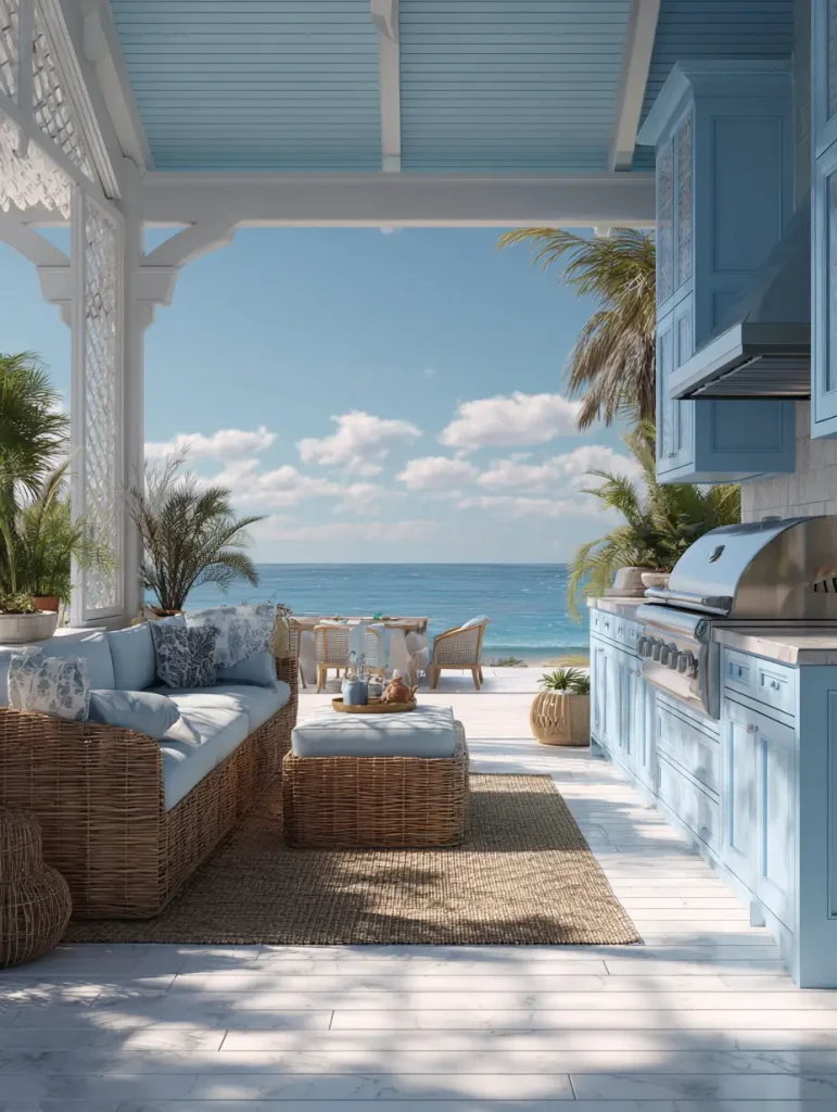 Coastal-style outdoor kitchen with light blue cabinets, wicker seating, and ocean view