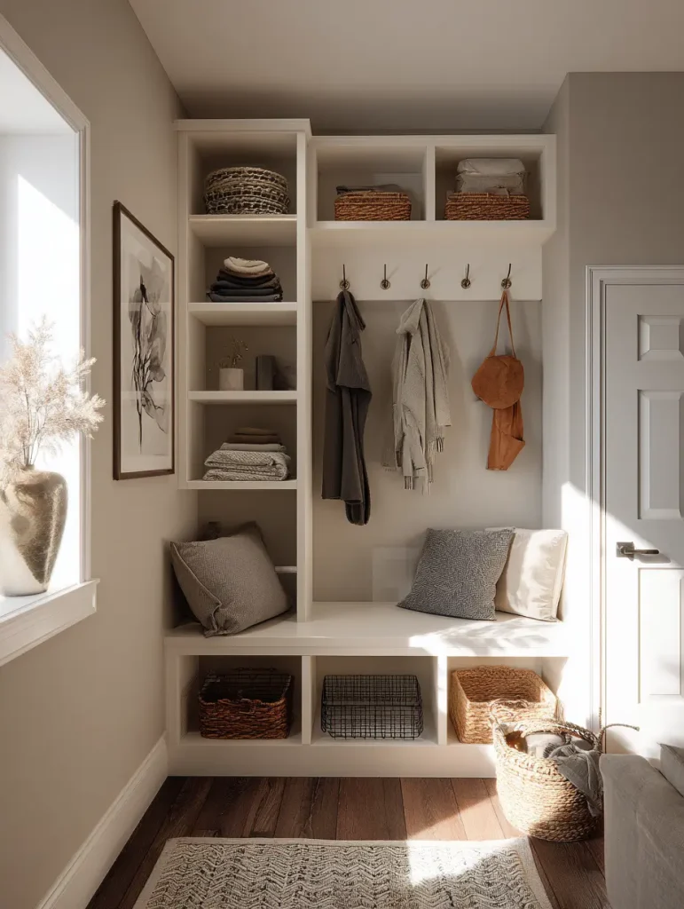 Mini mudroom closet with bench, hooks, shelves, and storage baskets.