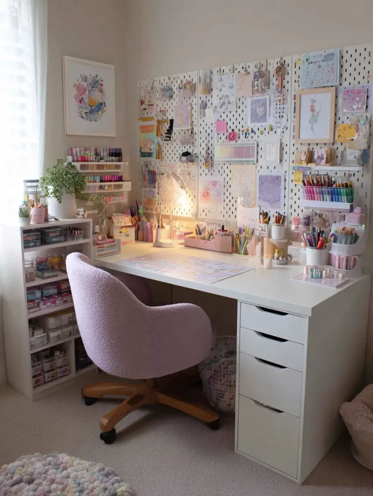 Cozy pastel-themed craft desk with pegboard wall, pink swivel chair, and organized art supplies in a bright, softly lit room.