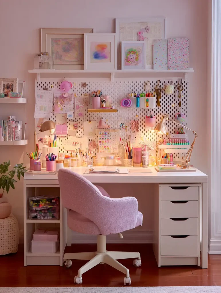 Stylish pink-themed craft desk with pegboard, gold lamps, and pastel art supplies in a cozy, well-lit girl's room.