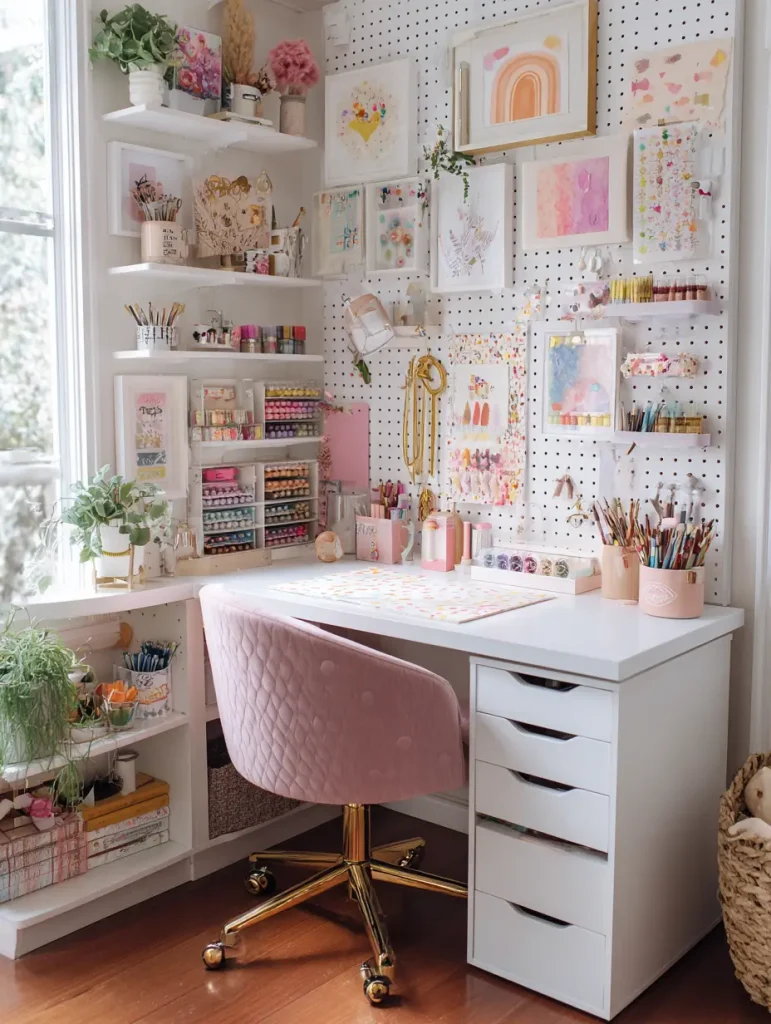 Chic craft desk setup with pink quilted chair, gold base, pegboard wall art, and organized pastel art supplies near a window.