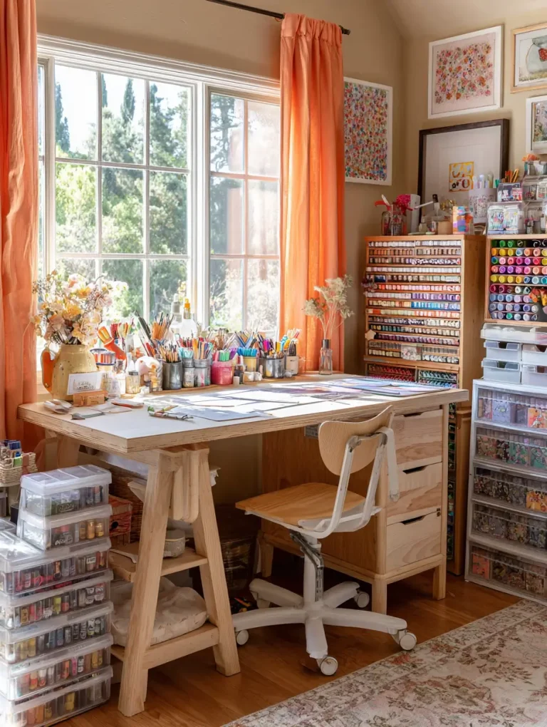Bright and organized craft desk setup by a large window, featuring art supplies, drawers, and colorful storage bins in a cozy room with orange curtains.