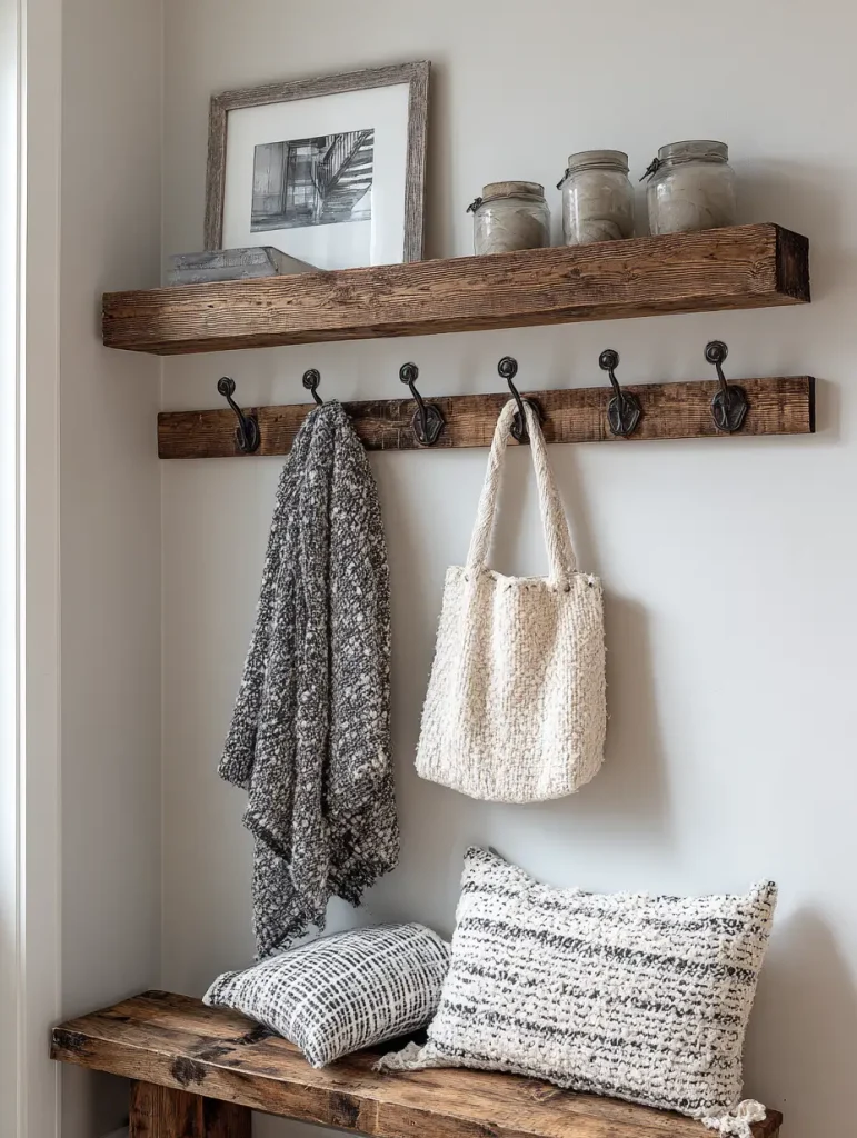 Small mudroom with rustic DIY wooden shelves, wall hooks, and cozy pillows creating a budget-friendly storage solution.