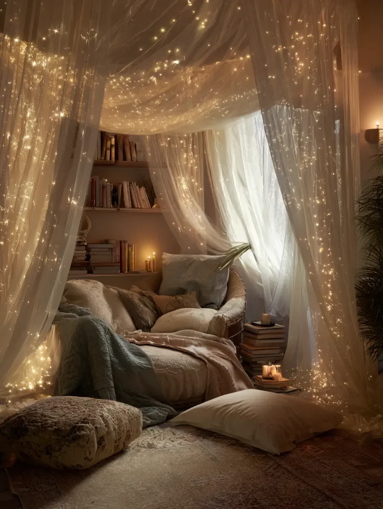 Cozy canopy reading nook with soft curtains, fairy lights, and a comfortable armchair surrounded by pillows and books.