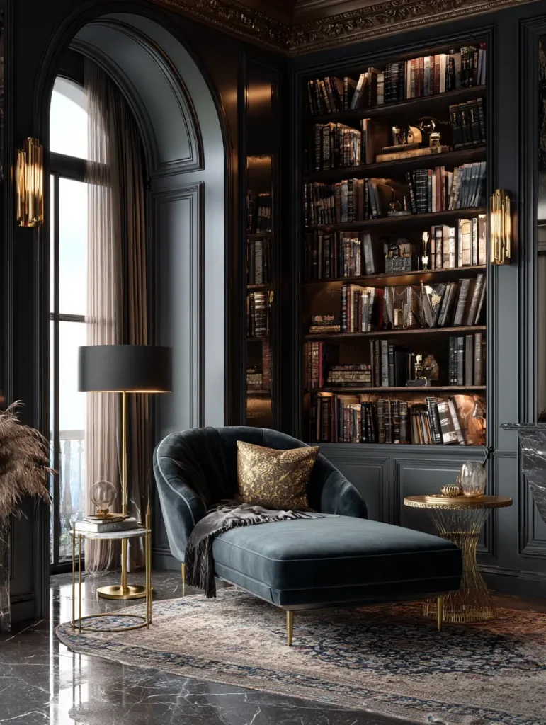 Luxurious reading corner with a velvet chaise lounge, gold accents, built-in bookcase, and elegant dark wall paneling.