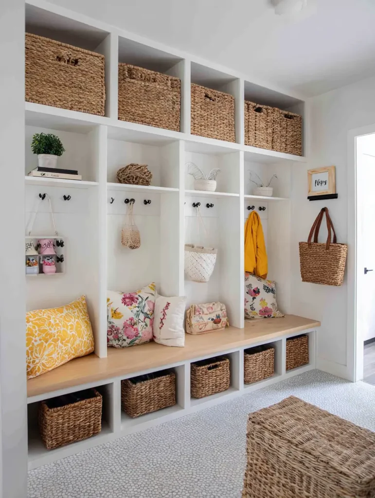 Family-friendly small mudroom with built-in cubbies, labeled hooks, and woven baskets for organized storage.